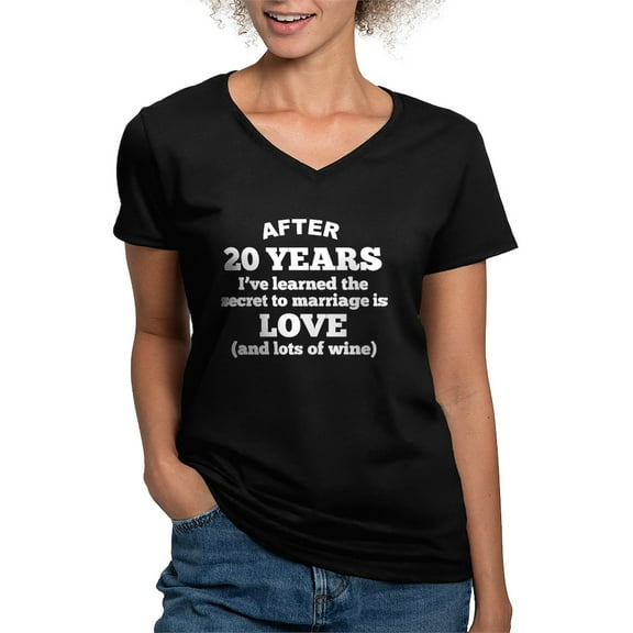 CafePress - 20 Years Of Love And Wine T Shirt - Women's V-Neck Dark T-Shirt