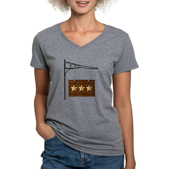 CafePress - 3 Star Hanging Sign T Shirt - Women's V-Neck Dark T-Shirt