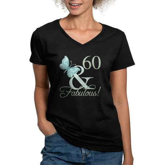 CafePress - 60Th Birthday Butterfl Women's V Neck Dark T Shirt - Women's V-Neck Dark T-Shirt
