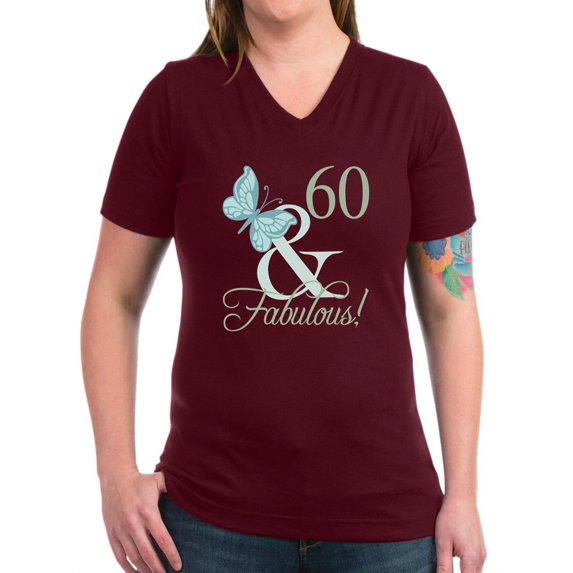 CafePress - 60Th Birthday Butterfl Women's V Neck Dark T Shirt - Women's V-Neck Dark T-Shirt