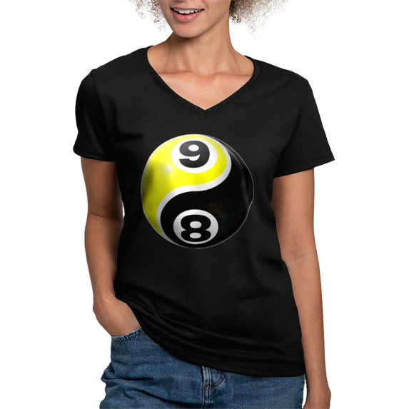 CafePress - 8 Ball 9 Ball Yin Yang Women's V Neck Dark T Shirt - Women's V-Neck Dark T-Shirt