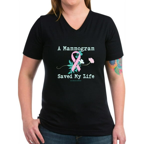 CafePress - A Mammogram Saved My Life T Shirt - Women's V-Neck Dark T-Shirt