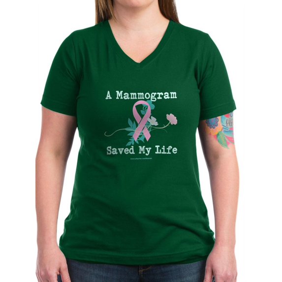 CafePress - A Mammogram Saved My Life T Shirt - Women's V-Neck Dark T-Shirt