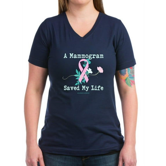 CafePress - A Mammogram Saved My Life T Shirt - Women's V-Neck Dark T-Shirt