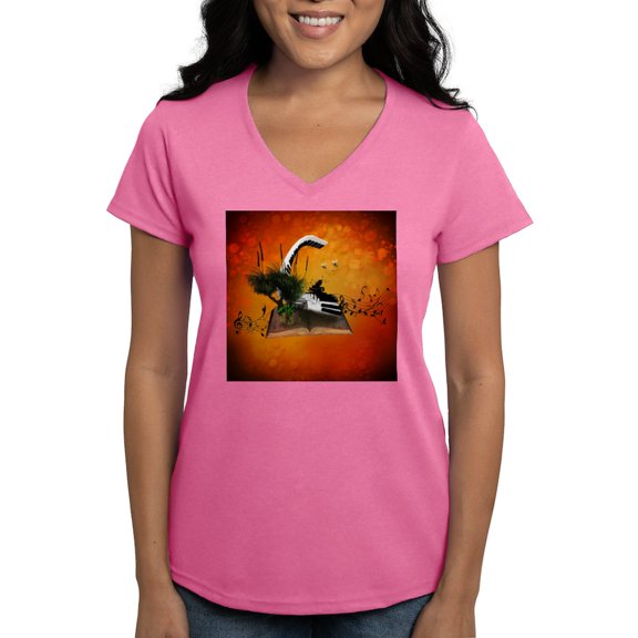 CafePress - A Piano Is Flying Out Of A Book. T Shirt - Women's V-Neck Dark T-Shirt
