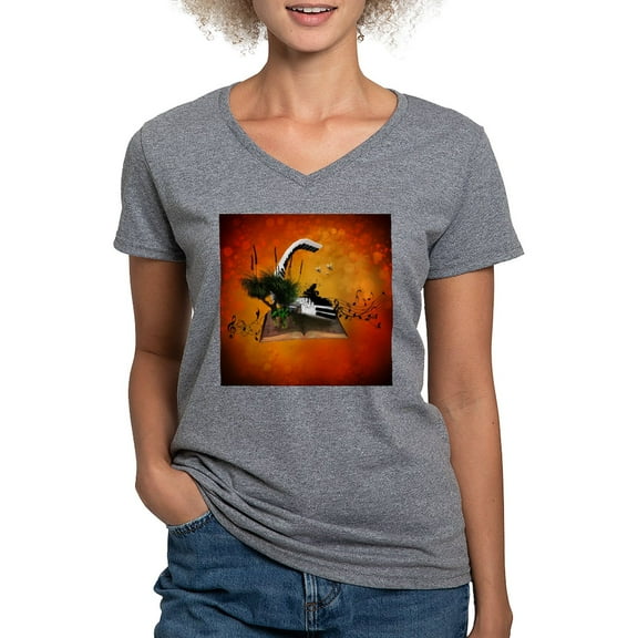 CafePress - A Piano Is Flying Out Of A Book. T Shirt - Women's V-Neck Dark T-Shirt