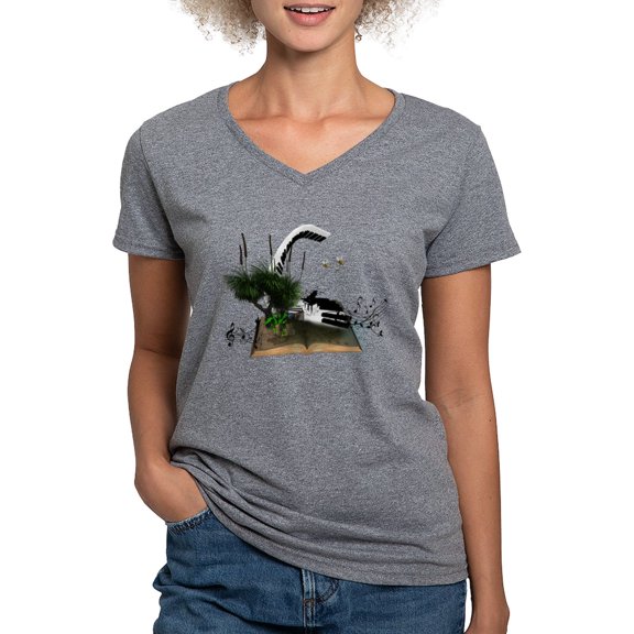 CafePress - A Piano Is Flying Out Of A Book. T Shirt - Women's V-Neck Dark T-Shirt