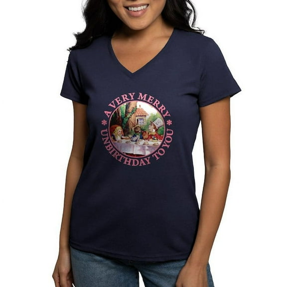 CafePress - A Very Merry Unbirthday To You Women's V Neck Dark - Women's V-Neck Dark T-Shirt