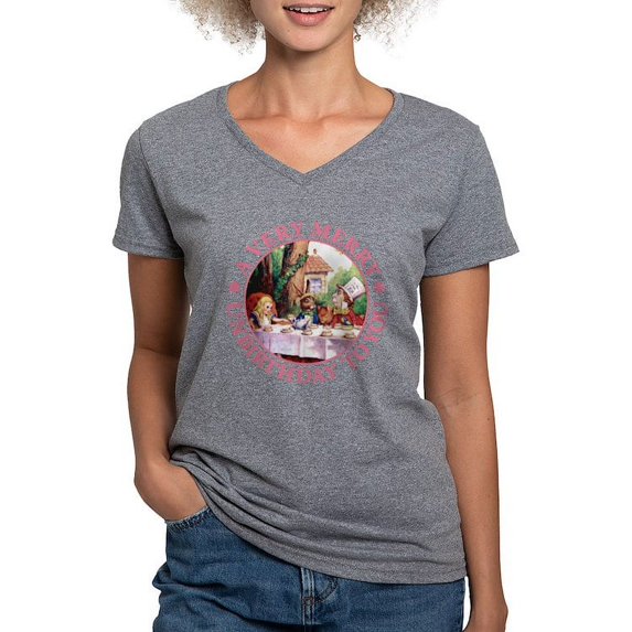 CafePress - A Very Merry Unbirthday To You Women's V Neck Dark - Women's V-Neck Dark T-Shirt