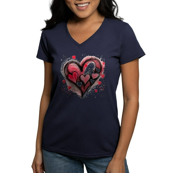 CafePress - Abstract Grunge Valentine Hearts T Shirt - Women's V-Neck Dark T-Shirt