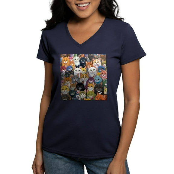 CafePress - Adorable And Curious Cats Fantasy T Shirt - Women's V-Neck Dark T-Shirt
