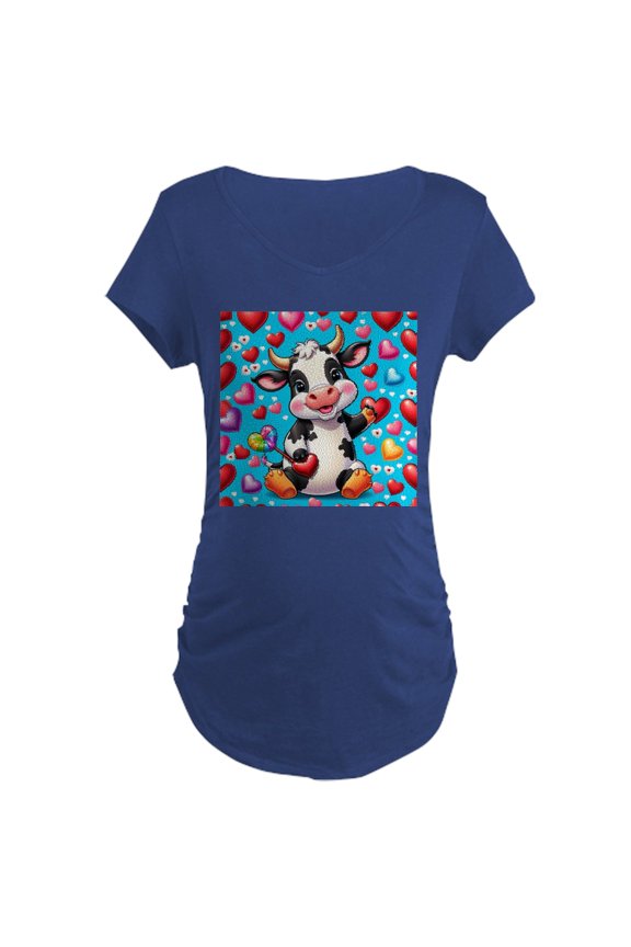 - Adorable Cow Has Hearts Maternity T Shirt - Maternity Dark T-Shirt