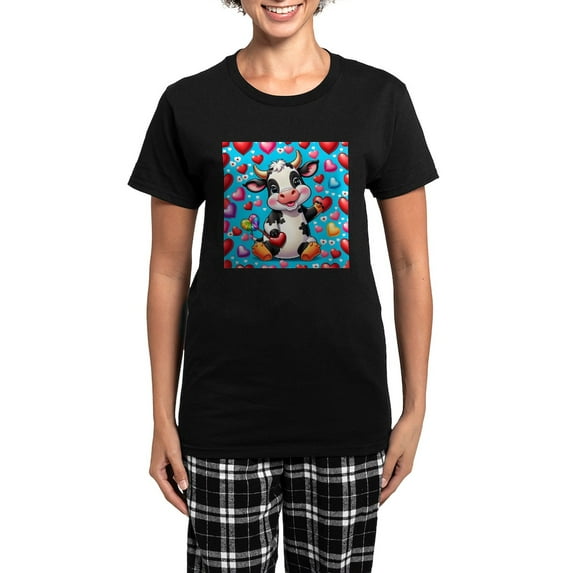 CafePress - Adorable Cow Has Hearts Pajamas - Women's Short Sleeve Print T-Shirt and Pants Dark Cotton Pajama Set