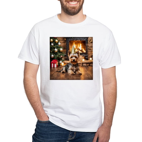 CafePress - Adorable Yorkshire Terrier Yorke Christmas T Shirt - Men's White Classic Cotton T-Shirts