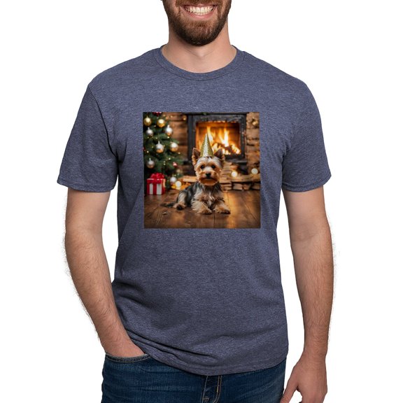 CafePress - Adorable Yorkshire Terrier Yorke Christmas T Shirt - Mens Tri-blend T-Shirt