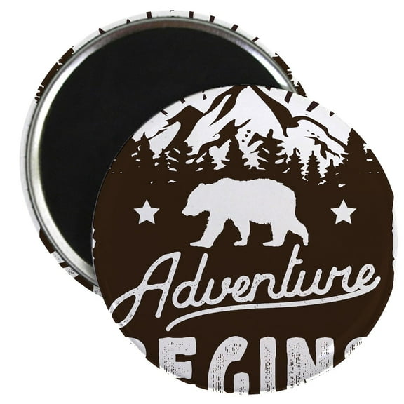 CafePress - Adventure Begins Bear Mountains Magnets - 2.25" Round Magnet, Refrigerator Magnet, Button Magnet Style