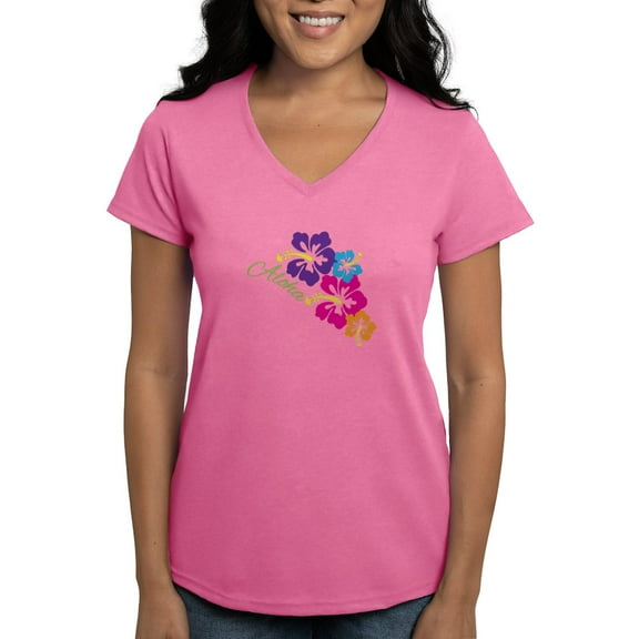 CafePress - Aloha Flowers T Shirt - Women's V-Neck Dark T-Shirt