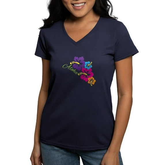 CafePress - Aloha Flowers T Shirt - Women's V-Neck Dark T-Shirt