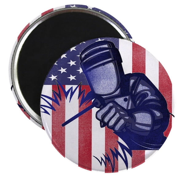 CafePress - American Flag Welder Design Welding Image Magnets - 2.25" Round Magnet, Refrigerator Magnet, Button Magnet Style