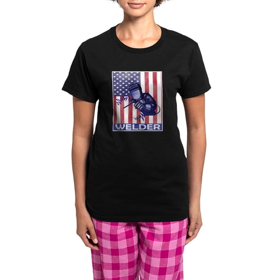 CafePress - American Flag Welder Design Welding Image Pajamas - Women's Short Sleeve Print T-Shirt and Pants Dark Cotton Pajama Set