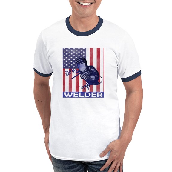 CafePress - American Flag Welder Design Welding Image T Shirt - 100% Cotton Ringed T-Shirt