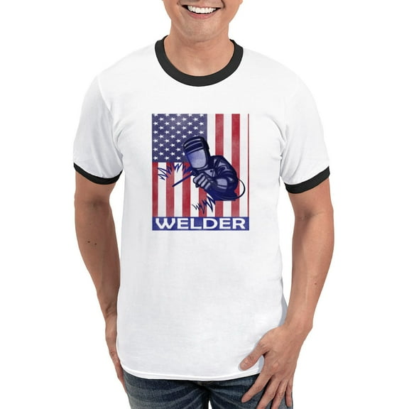CafePress - American Flag Welder Design Welding Image T Shirt - 100% Cotton Ringed T-Shirt