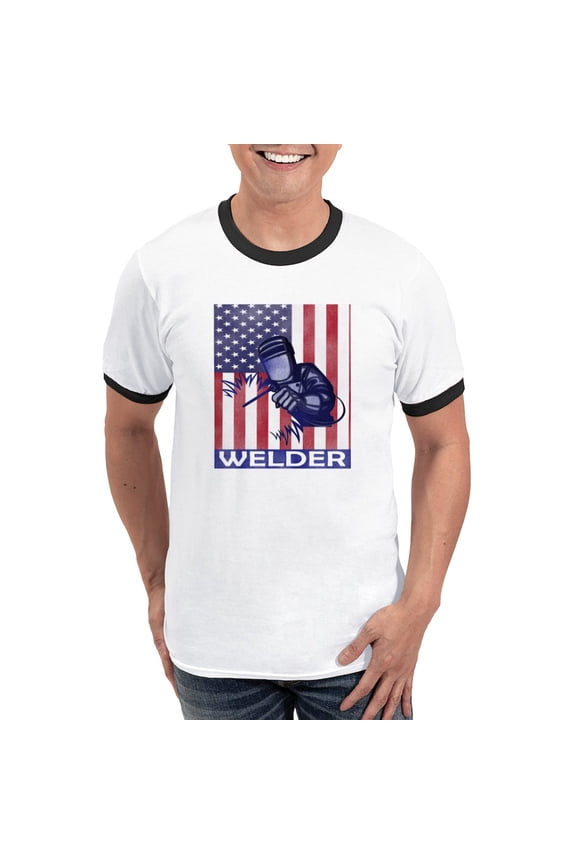 - American Flag Welder Design Welding Image T Shirt - 100% Cotton Ringed T-Shirt
