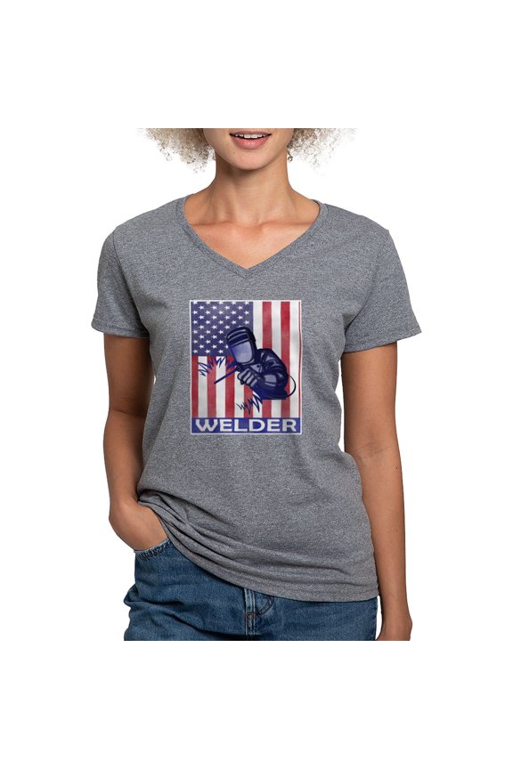 - American Flag Welder Design Welding Image T Shirt - Women's V-Neck Dark T-Shirt
