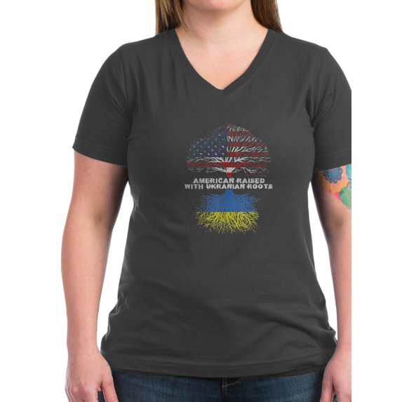 CafePress - American Raised With Ukrainian Roots Ukrai T Shirt - Women's V-Neck Dark T-Shirt
