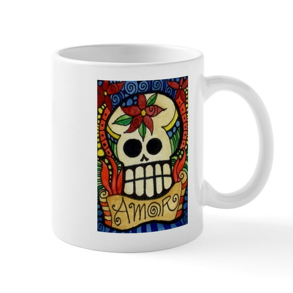 CafePress - Amor Day Of The Dead Skull Mugs - 11 oz Ceramic Mug - Novelty Coffee Tea Cup