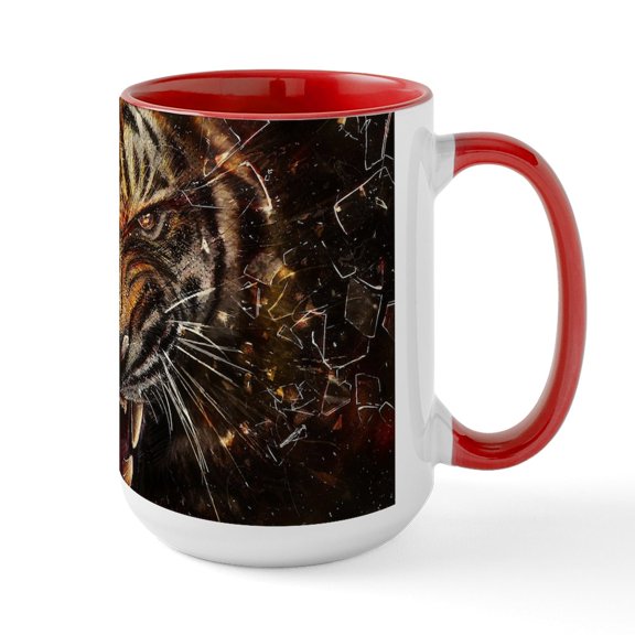 CafePress - Angry Tiger Breaking Through Glass Mugs - 15 oz Ceramic Large White Novelty Mug