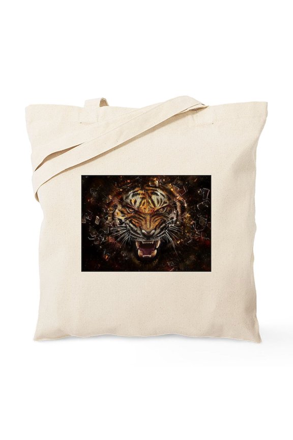 - Angry Tiger Breaking Through Glass Tote Bag - Unisex Canvas Tote Bag, Beige, 1-Piece
