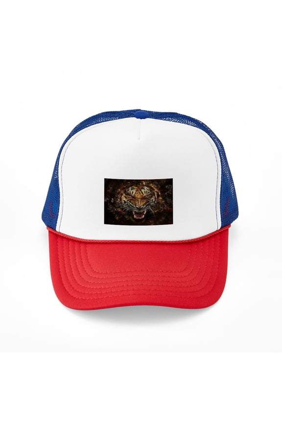 - Angry Tiger Breaking Through Glass - Adjustable Unisex Printed Trucker Hat with Mesh Back
