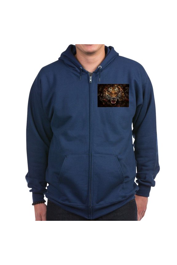 - Angry Tiger Breaking Through Glass Zip Hoodie - Zip Hoodie, Classic Hooded Sweatshirt with Metal Zipper