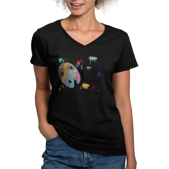CafePress - Artist At Work - Women's V-Neck Dark T-Shirt