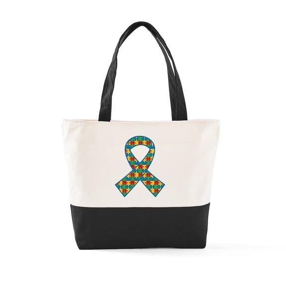 CafePress - Autism Puzzle Ribbon - Two Tone, 100% Cotton, Zipper Tote Bag