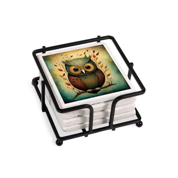 CafePress - Autumn Owl - Tile Coaster, Drink Coaster Set of 4 w/ holder