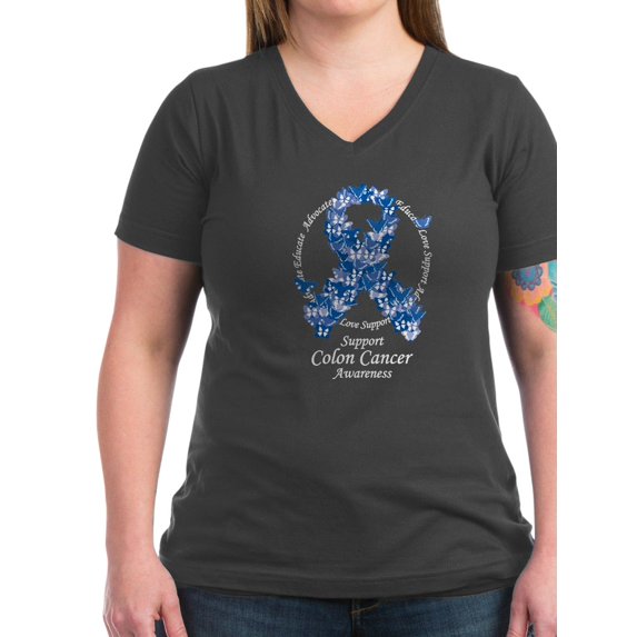 CafePress - BC Butterfly Ribbon Women's V Neck Dark T Shirt - Women's V-Neck Dark T-Shirt
