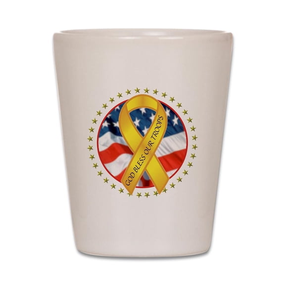 CafePress - BLESS OUR TROOPS RIBBON - White Shot Glass, Unique and Funny Shot Glass