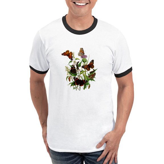 CafePress - BUTTERFLIES & PURPLE THISTLE Ringer T - 100% Cotton Ringed T-Shirt
