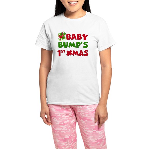 CafePress - Baby Bump 1St Christmas Pajamas - Women's Short Sleeve Print T-Shirt and Pants Light Cotton Pajama Set