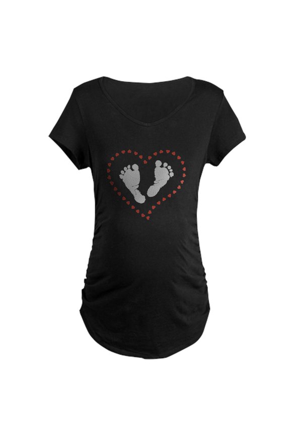 - Baby Footprints In Heart Of Hearts Maternity T Shi - Maternity Dark T-Shirt