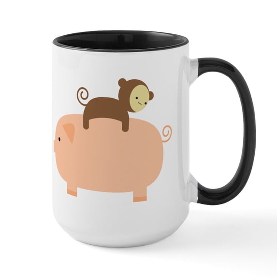 CafePress - Baby Monkey Riding Backwards On A Pig Large Mug - 15 oz Ceramic Large White Novelty Mug