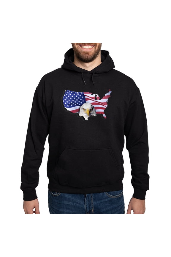 - Bald Eagle Over American Flag Hoodie (Dark) - Pullover Hoodie, Classic, Comfortable Hooded Sweatshirt