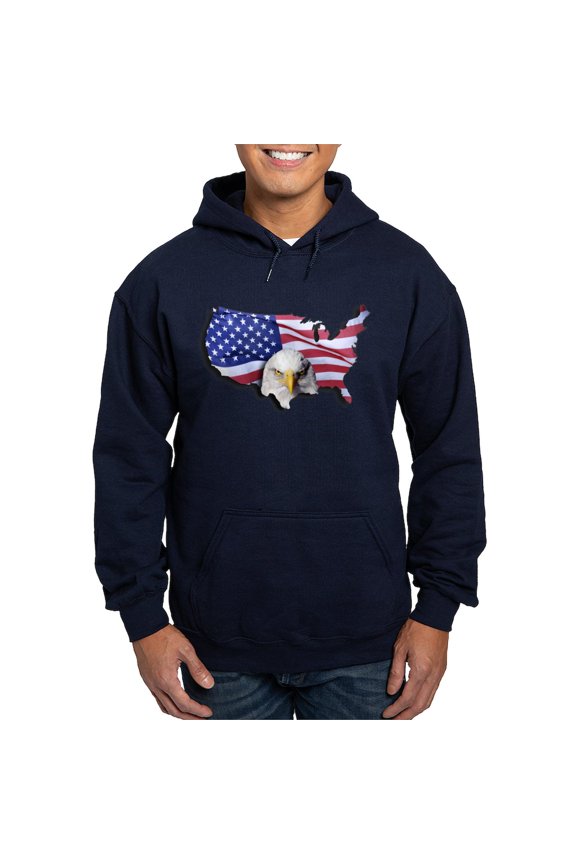 - Bald Eagle Over American Flag Hoodie (Dark) - Pullover Hoodie, Classic, Comfortable Hooded Sweatshirt