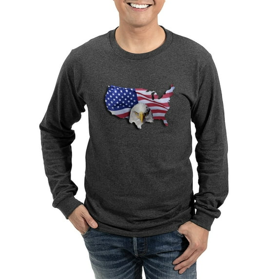 CafePress - Bald Eagle Over American Flag Long Sleeve T Shirt - Long Sleeve Dark T-Shirt