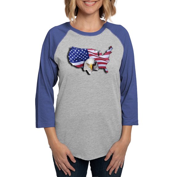 CafePress - Bald Eagle Over American Flag Long Sleeve T Shirt - Womens Baseball Tee