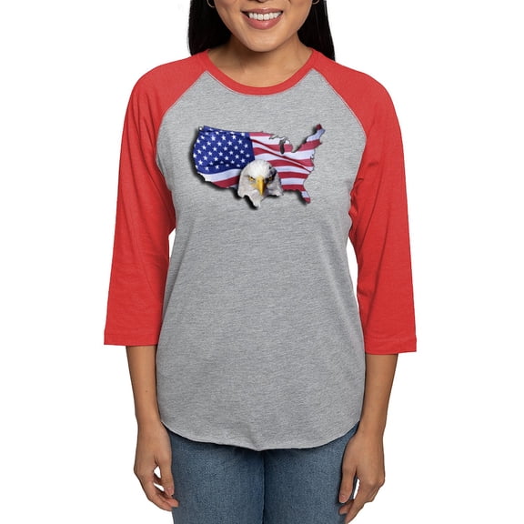 CafePress - Bald Eagle Over American Flag Long Sleeve T Shirt - Womens Baseball Tee