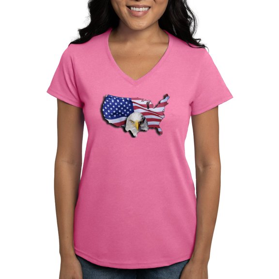 CafePress - Bald Eagle Over American Flag T Shirt - Women's V-Neck Dark T-Shirt