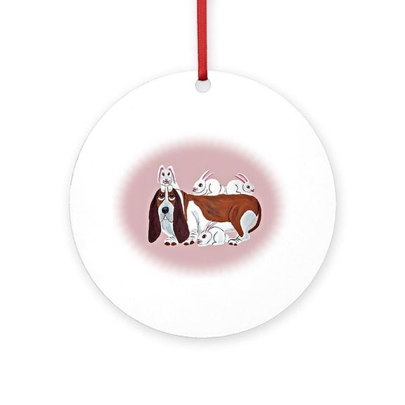 CafePress - Basset Hound With Bunny Friends -  Round Wood Ornament 4"
